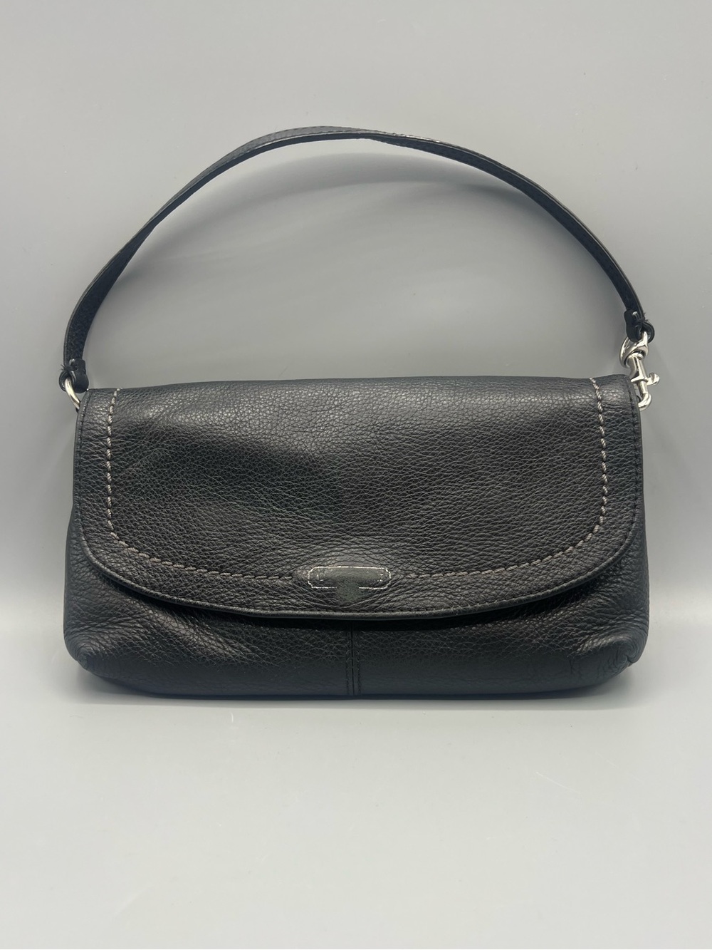 Coach Park Black Pebbled Leather Flap Wristlet Clutch Purse Emerald Green Lining